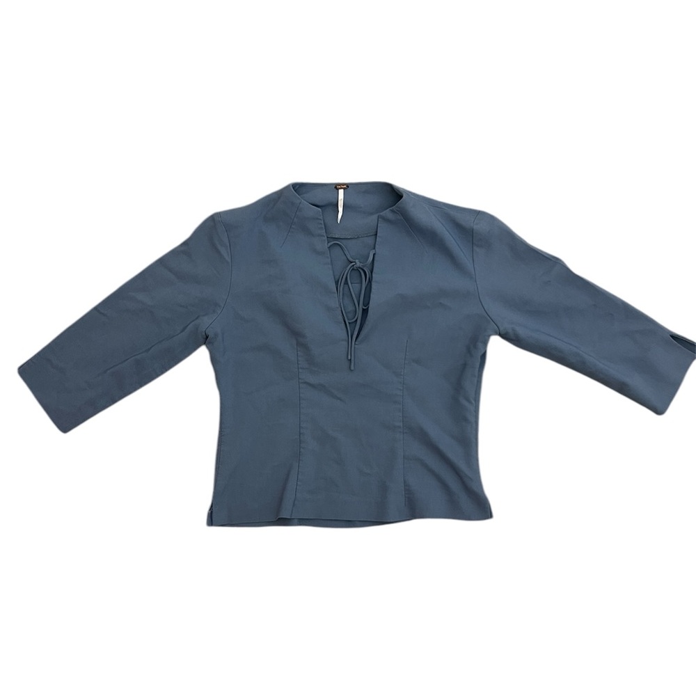 Free People Slate Blue 3/4 Length Sleeves Tie-Up Front Blouse Boho Size XS
